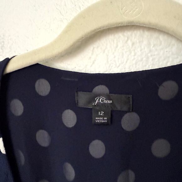 [J. Crew] Navy Blue White Polka Dot Long Sleeve Crepe Peplum V-Neck Blouse Sz 12 - Picture 11 of 12